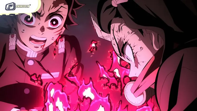Tanjiro's sword glows bright red with Nezuko's flame