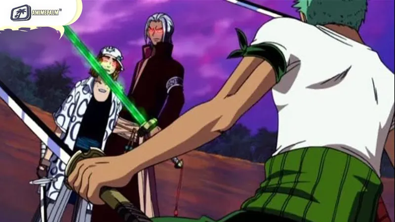 Zoro battles Saga over the cursed Seven-Star Sword on Asuka Island in One Piece: The Cursed Holy Sword.