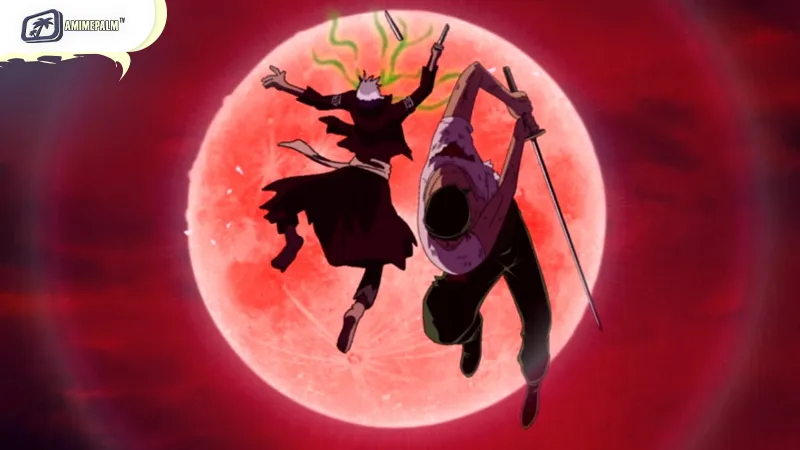 Zoro's samurai duel in misty forests and red skies reflects the film’s elegant Japanese style.